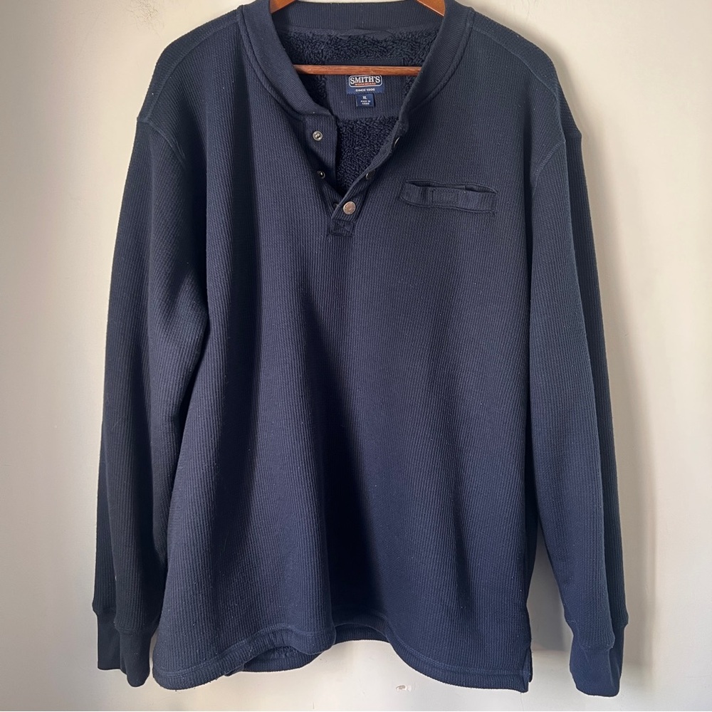 SMITH Men's Navy Button-Up Thermal Sweatshirt Chore Pullover Sherpa